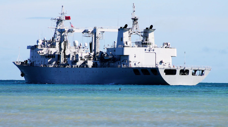 The People's Republic of China, People's Liberation Army (Navy) replenishment ship Qiandaohu departs for the at-sea portion of Rim of the Pacific Exercise 2014. Photo Credit: Navy Petty Officer 2nd Class John Sorensen