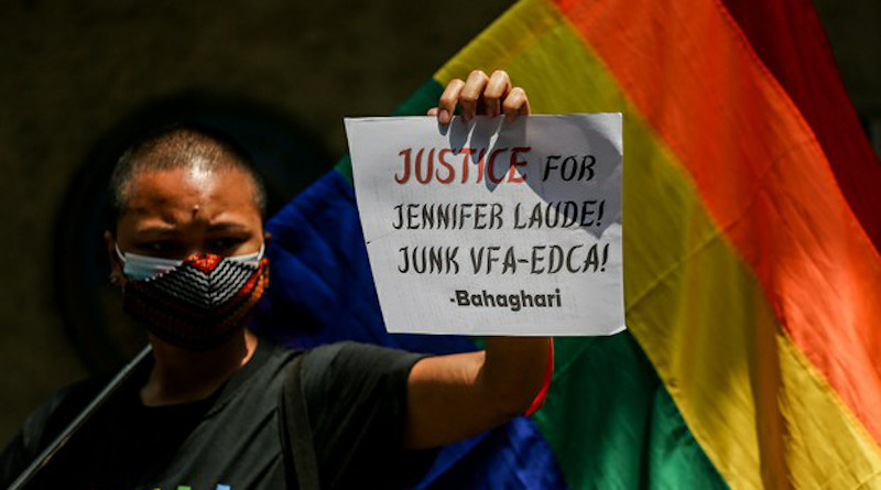 A member of the LGBT community protests a court order to free ex-U.S. Marine Joseph Scott Pemberton in the 2014 killing of a Philippine transgender woman, outside the Department of Justice in Manila, Sept. 3, 2020. Photo Credit: Basilio Sepe/BenarNews