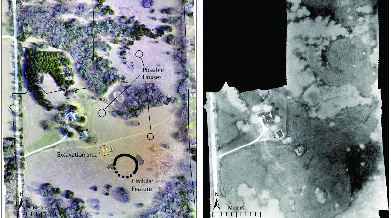 Left: Drone-acquired orthoimage of the site showing major features discussed in the paper. Right: Thermal images mosaic collected from 11:15 pm-12:15 am. (Images from Figure 6 of the study). CREDIT: Images by Jesse Casana, Elise Jakoby Laugier, and Austin Chad Hill