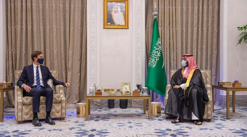 Saudi Arabia’s Crown Prince Mohammed bin Salman meets with White House senior adviser Jared Kushner in Neom. (SPA)