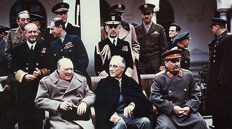Yalta summit in February 1945 with (from left to right) Winston Churchill, Franklin Roosevelt and Joseph Stalin. Also present are USSR Foreign Minister Vyacheslav Molotov (far right); Field Marshal Alan Brooke, Admiral of the Fleet Sir Andrew Cunningham, RN, Marshal of the RAF Sir Charles Portal, (standing behind Churchill); George Marshall, Army Chief of Staff and Fleet Admiral William D. Leahy, USN, (standing behind Roosevelt). Photograph from the Army Signal Corps Collection in the U.S. National Archives.
