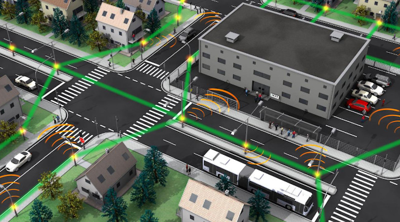 Future mobile network: Small radio cells (orange) are connected by wireless high-speed terahertz links (green). CREDIT: Figure: IPQ, KIT / Nature Photonics