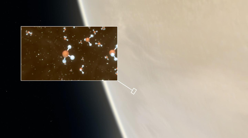 Artist's impression of Venus, with an inset showing a representation of the phosphine molecules detected in the high cloud decks. CREDIT: ESO / M. Kornmesser / L. Calçada & NASA / JPL / Caltech