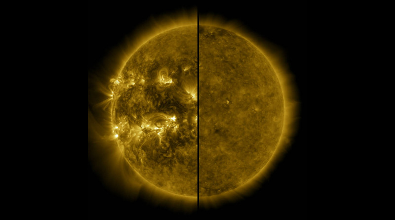 This split image shows the difference between an active Sun during solar maximum (on the left, captured in April 2014) and a quiet Sun during solar minimum (on the right, captured in December 2019). December 2019 marks the beginning of Solar Cycle 25, and the Sun's activity will once again ramp up until solar maximum, predicted for 2025. Credits: NASA/SDO