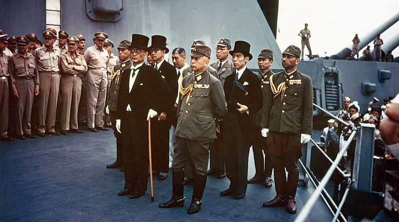 Representatives of the Empire of Japan stand aboard USS Missouri prior to signing of the Instrument of Surrender. Photo Credit: Army Signal Corps, Wikipedia Commons