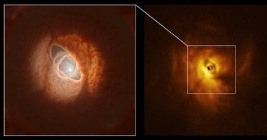 The SPHERE image (right) with an ESO artist impression (left) CREDIT: ESO/L. Calçada, Exeter/Kraus et al.