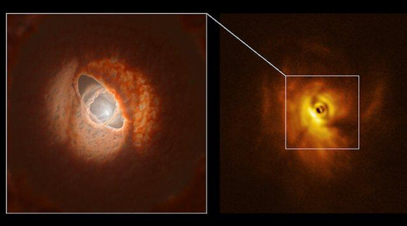 The SPHERE image (right) with an ESO artist impression (left) CREDIT: ESO/L. Calçada, Exeter/Kraus et al.