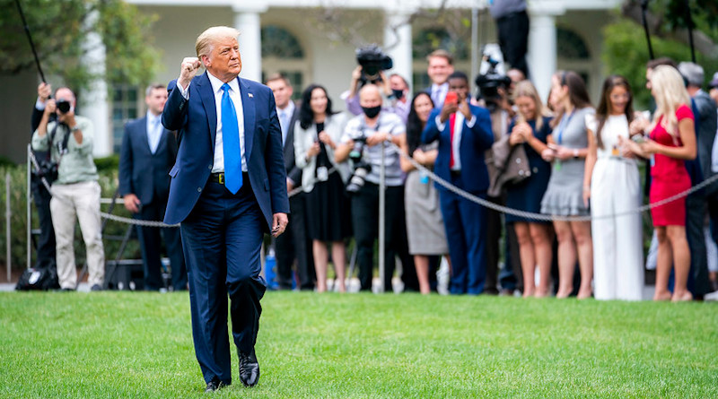 President Donald J. Trump walks across the South Lawn of the White House Thursday, Sept. 24, 2020, to board Marine One en route to Joint Base Andrews, Md. to begin his trip to North Carolina and Florida. (Official White House Photo by Tia Dufour)