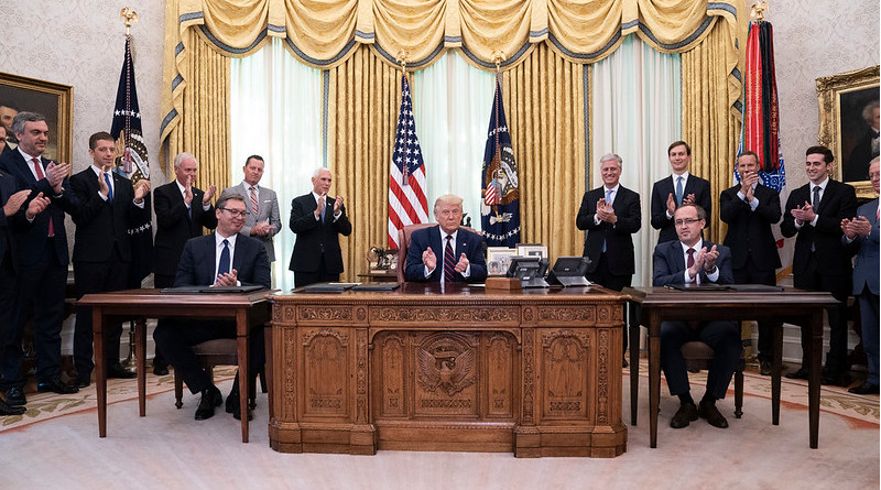 President Donald J. Trump participates in a signing ceremony with Serbian President Aleksandar Vučić and Kosovo Prime Minister Avdullah Hoti Friday, Sept. 4, 2020, in the Oval Office of the White House. (Official White House Photo by Joyce N. Boghosian)