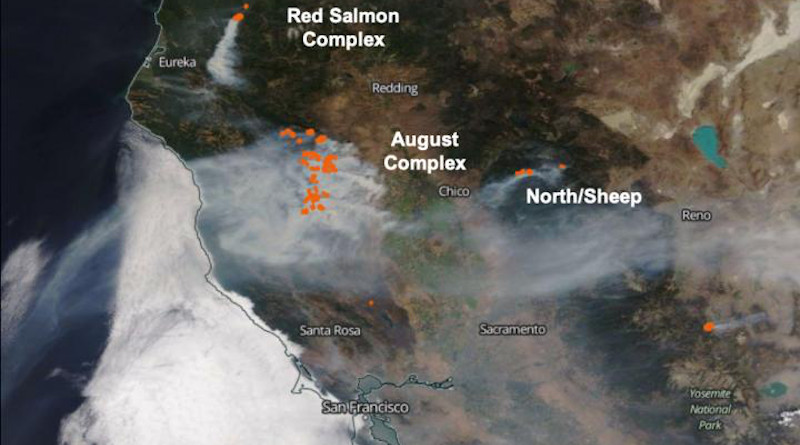 On Aug. 31, MODIS detected several hotspots in the August Complex Fire in California, as well as several other actively burning areas to the north, west, and south. CREDIT: R. Kahn/K.J. Noyes/NASA Goddard/A. Nastan/JPL Caltech/J. Tackett/J-P Vernier/NASA Langley
