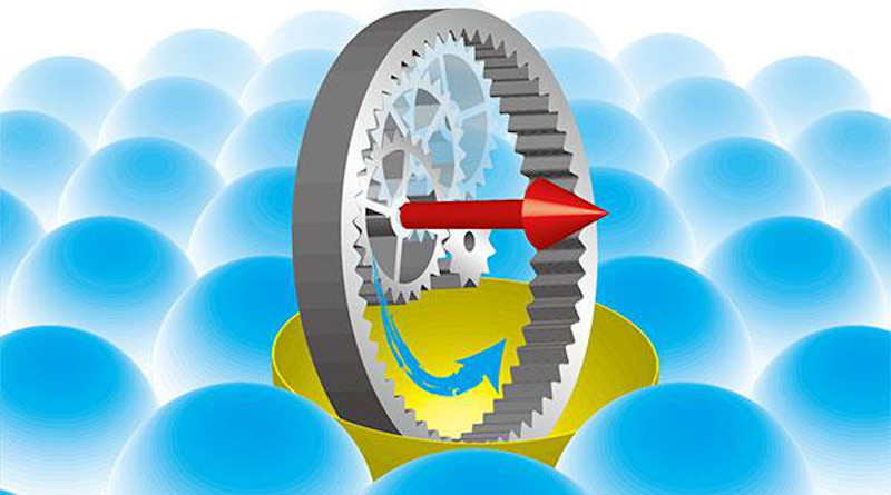 Conceptual art of the acceptor-based spin-orbit qubit. A boron atom (yellow) implanted in silicon crystal (blue) bounds a hole. Orbital motion of a hole in silicon is coupled to its spin degree of freedom. This cou-pling is reminiscent of gears where circular motion (blue arrow) and spinning (red arrow) are locked to-gether. Quantum information is encoded to the combined motion and spin of a hole in the spin-orbit qubit. CREDIT: Takashi Kobayashi, Tohoku University