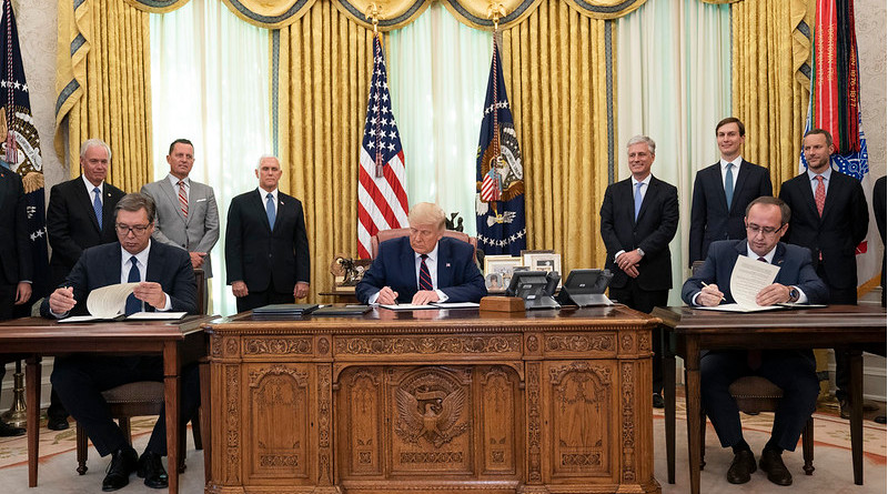 President Donald J. Trump participates in a signing ceremony with Serbian President Aleksandar Vučić and Kosovo Prime Minister Avdullah Hoti Friday, Sept. 4, 2020, in the Oval Office of the White House. (Official White House Photo by Joyce N. Boghosian)