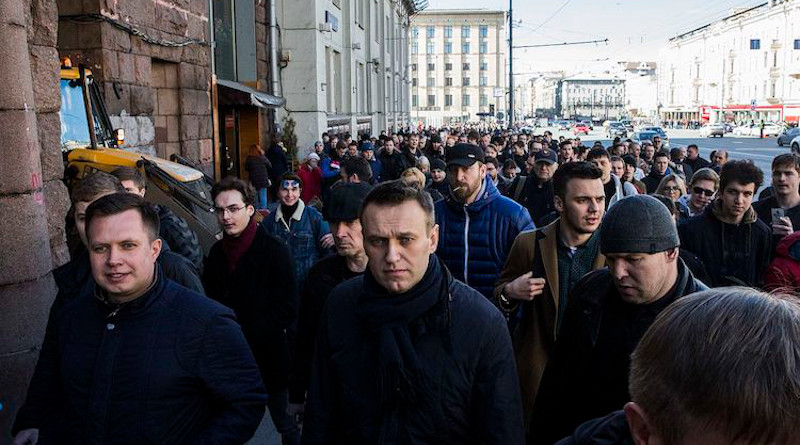 The Russian opposition leader Alexei Navalny marches on Tverskaya street on 26 March 2017. CC BY-SA 4.0