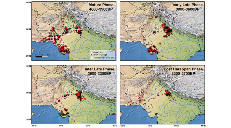This figure shows the settlements of the Indus Valley Civilization during different phases of its evolution. RIT Assistant Professor Nishant Malik developed a mathematical method that shows climate change likely caused the rise and fall of the ancient civilization. CREDIT: RIT