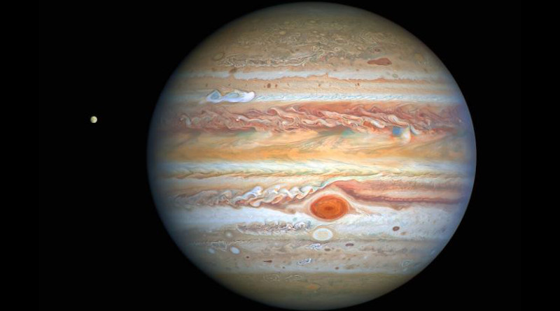 This latest image of Jupiter, taken by the NASA/ESA Hubble Space Telescope on 25 August 2020, was captured when the planet was 653 million kilometres from Earth. Hubble's sharp view is giving researchers an updated weather report on the monster planet's turbulent atmosphere, including a remarkable new storm brewing, and a cousin of the Great Red Spot changing colour - again. The new image also features Jupiter's icy moon Europa. CREDIT: NASA, ESA, A. Simon (Goddard Space Flight Center), and M. H. Wong (University of California, Berkeley) and the OPAL team.