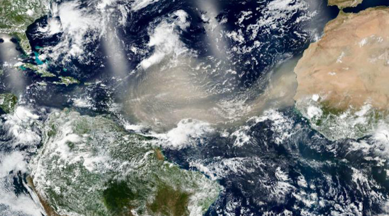 A huge dust cloud spans the tropical North Atlantic on 20 June 2020. Over the following week, the plume affected northern South America, the Caribbean Basin, and the southern United States. A second dust outbreak can be seen in this image emerging from the west coast of North Africa. CREDIT: NASA Worldview