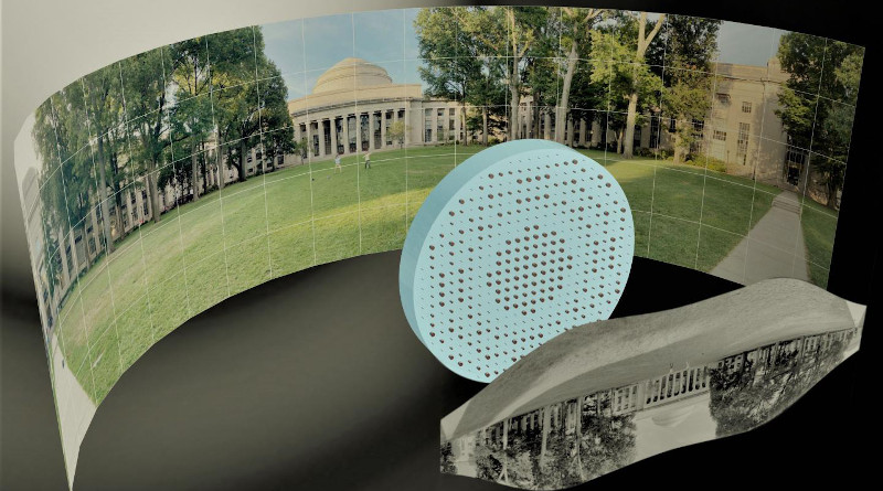 3D artistic illustration of the wide-field-of-view metalens capturing a 180° panorama of MIT's Killian Court and producing a high-resolution monochromatic flat image." CREDIT: Mikhail Shalaginov, Tian Gu, Christine Daniloff, Felice Hankel, Juejun Hu