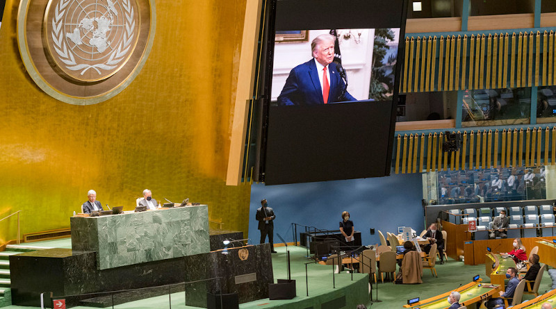 US President Donald Trump addresses the 75th session of the United Nations General Assembly. Photo Credit: Rick Bajornas, UN Photo