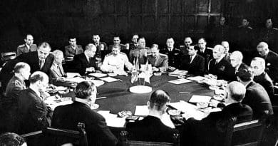 A session of the Potsdam Conference – those pictured include Clement Attlee, Ernest Bevin, Vyacheslav Molotov, Joseph Stalin, William D. Leahy, James F. Byrnes, and Harry S. Truman. Photo Credit: Bild, Wikimedia Commons