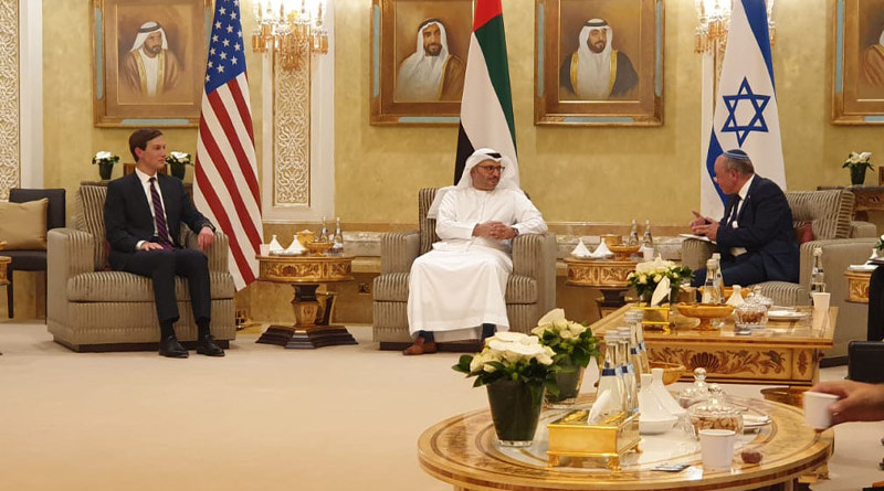 Israel's Meir Ben-Shabbat (right) and Jared Kushner at the meeting with UAE Minister of State for Foreign Affairs Gargash. Photo Credit: Israel Foreign Ministry