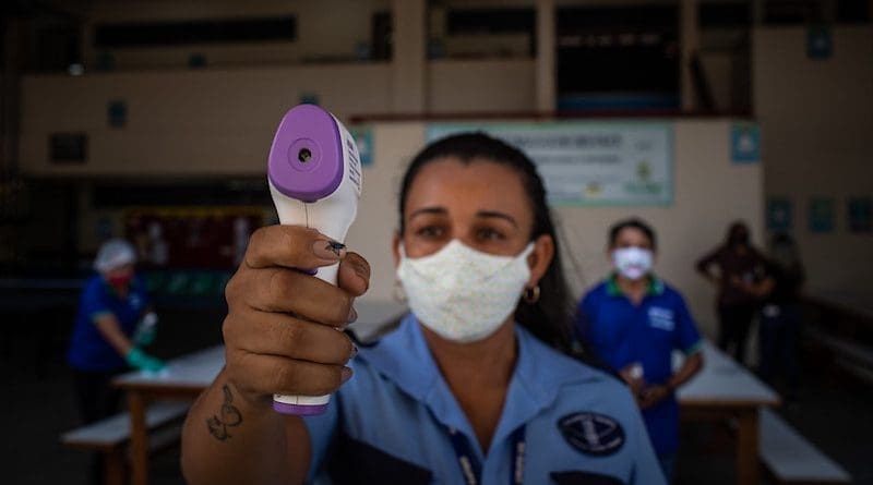 An employee at the State Full-Time School Professor Jacimar da Silva Gama, located in the south of Manaus, Amazonas, Brazil, is seen taking the temperature of students arriving for class on September 14, 2020. Photo: IMF / Raphael Alves, (CC BY-NC-ND 2.0).