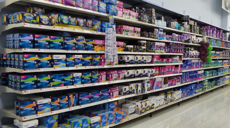 Feminine hygiene products in a store. Photo Credit: Stilfehler, Wikipedia Commons