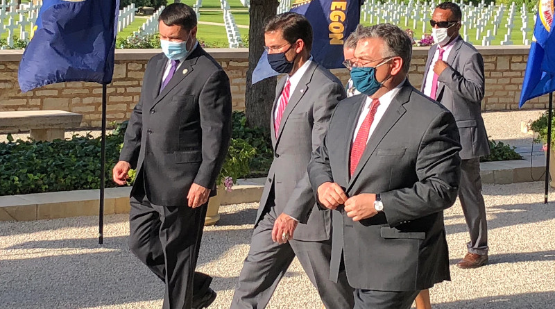 Defense Secretary Dr. Mark T. Esper walks through the North Africa American Cemetery in Carthage, Tunisia, Sept. 30, 2020. After placing a wreath in honor of those killed during World War II, Esper said the U.S. will strive to build new alliances in Africa and strengthen others. Photo Credit: Jim Garamone, DOD