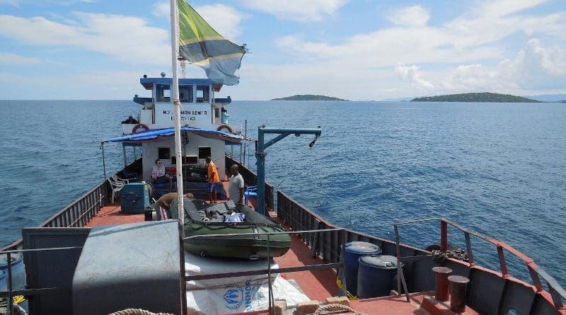The research team spent 12 days on Lake Tanganyika collecting core samples from the lake's floor. They chartered a Congolese merchant vessel, seen here, and adapted it for their research project. CREDIT: Michael McGlue, University of Kentucky