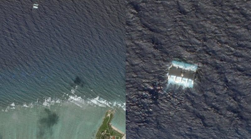 An Oct. 5 satellite imagery appears to show a wave power generator off Woody Island, China’s main base in the disputed Paracel Islands. On the left, a wide shot shows the location of the generator, about a mile north of the island; on the right, a closer view of the generator. Planet Labs Inc.