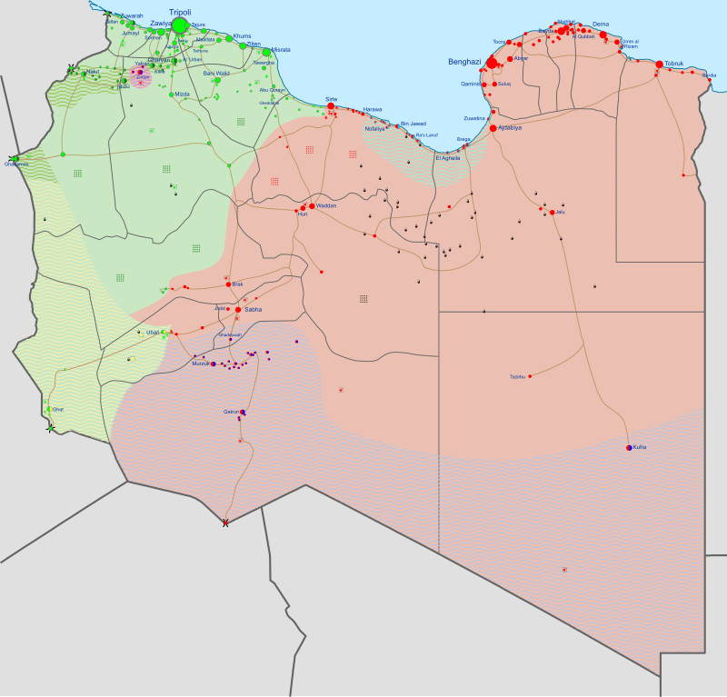 Military situation in Libya on June 11, 2020. Pink areas under the control of the House of Representatives and the Libyan National Army. Green areas under the control of the Government of National Accord (GNA) and different militias forming the Libya Shield Force. Credit: Wikipedia Commons