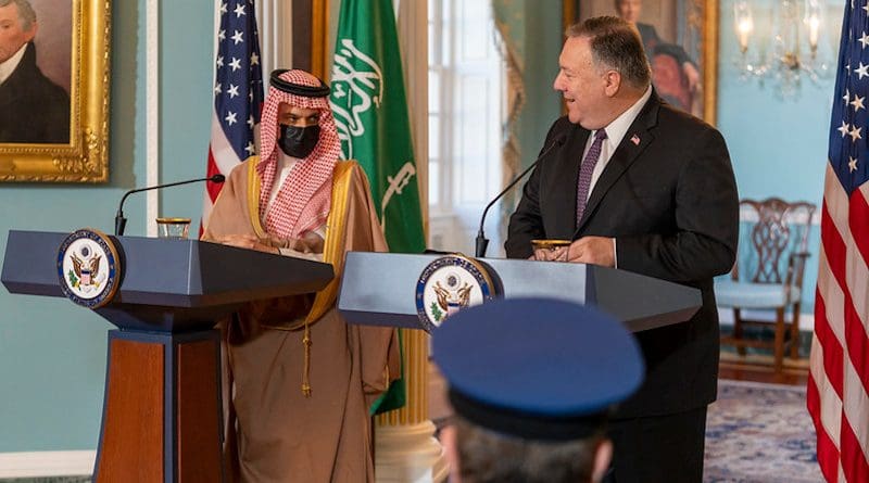 Secretary of State Michael R. Pompeo and Saudi Foreign Minister Prince Faisal bin Farhan Al Saud address reporters at the U.S. Department of State in Washington, D.C., on October 14, 2020. [State Department photo by Ron Przysucha/ Public Domain]