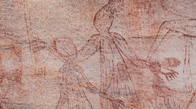 Detail of large male Maliwawa human figures from an Awunbarna site. The largest male is 1.15 metres wide by 1.95 metres high CREDIT: P. Tac¸on