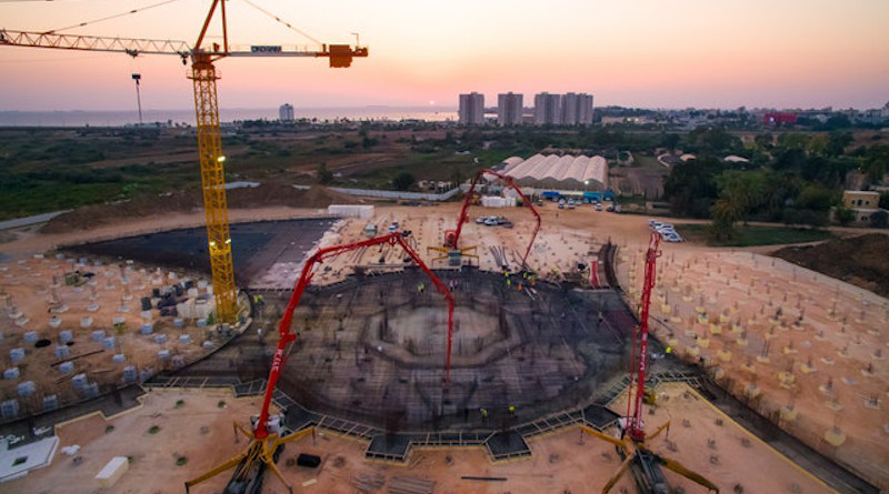 With an overnight concrete pour, a platform across an area of 2,900 square meters was recently cast at the center of the site for the Shrine of ‘Abdu’l-Bahá, bringing the central foundation work to completion. Photo Credit: BWNS