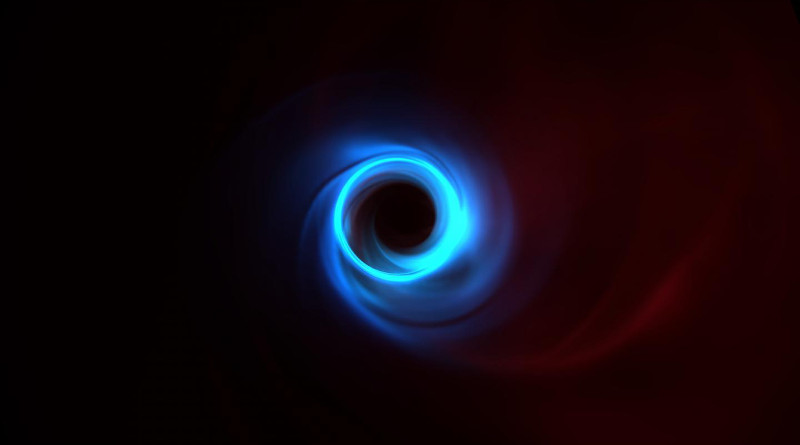 Simulation of M87 black hole showing the motion of plasma as it swirls around the black hole. The bright thin ring that can be seen in blue is the edge of what we call the black hole shadow. CREDIT: L. Medeiros; C. Chan; D. Psaltis; F. Özel; UArizona; IAS.
