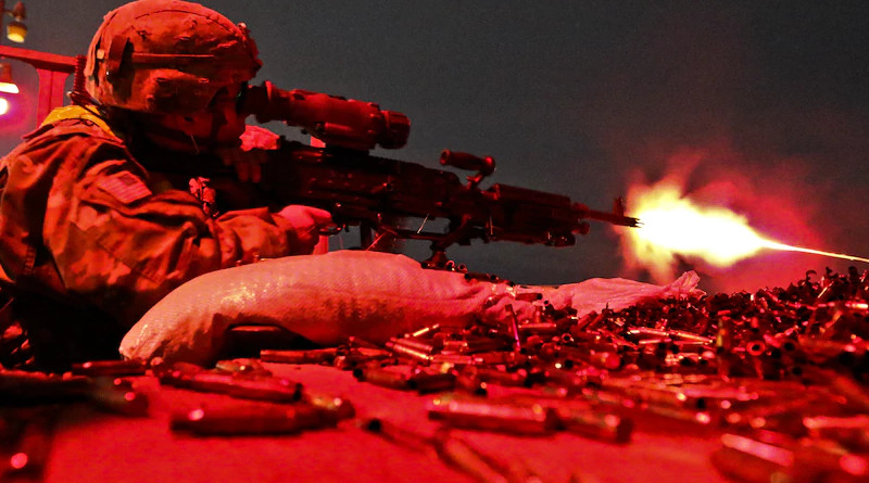 Soldier assigned to 182nd Transportation Company fires M240B machine gun as part of Operation ROM, hosted by 79th Theater Sustainment Command, at Fort Hunter Liggett, California, December 2, 2017 (U.S. Army Reserve/Heather Doppke)