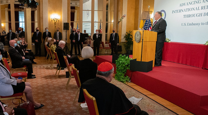 Secretary of State Michael R. Pompeo delivers a speech on “Moral Witness and Religious Freedom” at the Holy See Symposium on Advancing and Defending Religious Freedom through Diplomacy, in Rome, Italy on September 30, 2020. [State Department Photo by Ron Przysucha/ Public Domain]