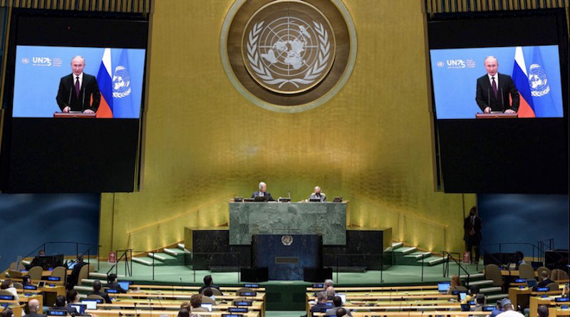 President Vladimir Putin (on screen) of the Russian Federation addresses the general debate of the General Assembly’s seventy-fifth session. UN Photo/Manuel Elias