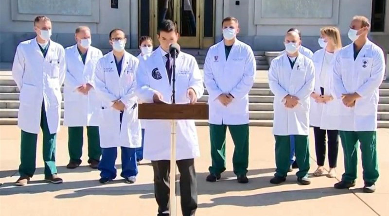 Doctors treating US President Donald Trump at Walter Reed National Military Medical Center in Bethesda, Md. speak to the media. Photo Credit: Tasnim News Agency