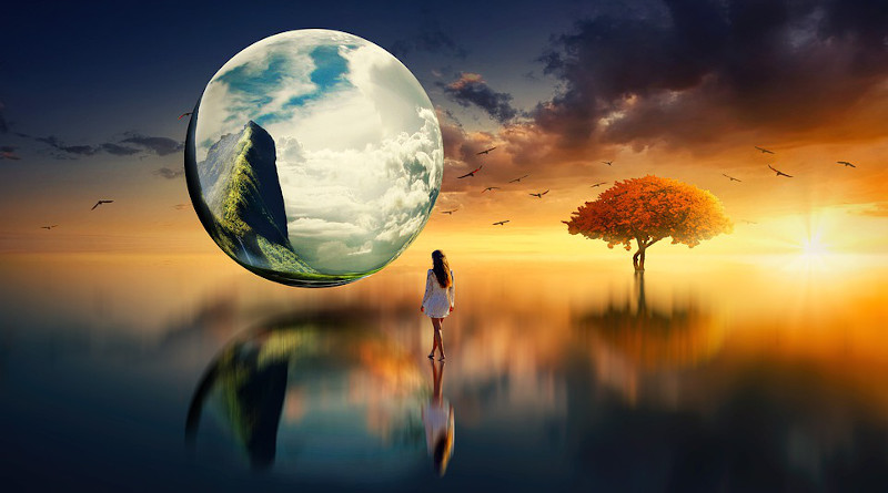 Life Outer Space Woman Tree Birds Mountains Lake Planet Reflection
