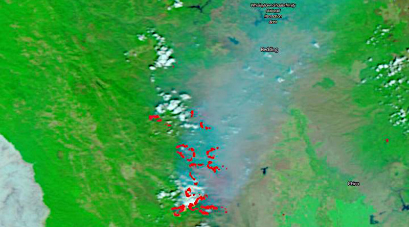 The false-color image is collected by the VIIRS (Visible Infrared Imaging Radiometer Suite) instrument suite using corrected reflectance bands. Burned areas or fire-affected areas are characterized by deposits of charcoal and ash, removal of vegetation and/or the alteration of vegetation structure. When bare soil becomes exposed, the brightness in Band 1 may increase, but that may be offset by the presence of black carbon residue; the near infrared (Band 2) will become darker, and Band 7 becomes more reflective. When assigned to red/brown in the image, Band 7 will show burn scars as deep or bright reddish brown depending on the type of vegetation burned, the amount of residue, or the completeness of the burn. It is hard to see clearly due to the massive amounts of smoke covering the landscape. CREDIT: NASA Worldview, Earth Observing System Data and Information System (EOSDIS).