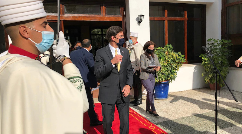 Defense Secretary Dr. Mark T. Esper walks out to brief the press after meeting with Algerian President Abdelmadjid Tebboune today in Algiers, Algeria. The two leaders discussed the security situation in North Africa and ways to cooperate in the security sphere. Photo Credit: Jim Garamon, DOD