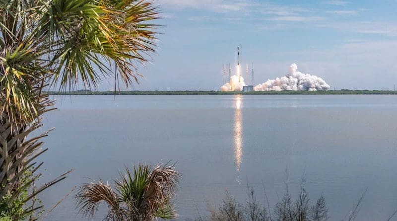 A Falcon 9 Starlink rocket successfully launches from SLC-40 at Cape Canaveral Air Force Station, Fla., Aug. 18, 2020. Starlink is a satellite constellation targeted to provide high-speed internet across the globe. Photo Credit: Joshua Conti, U.S. Space Force