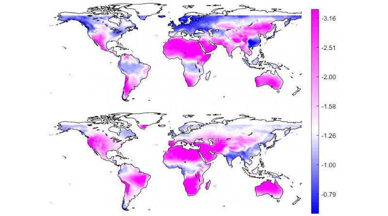 Hot, arid regions may see greater fluctuations in sunlight as the climate changes, the researchers reported. They used satellite data and climate model outputs to evaluate the intermittency of solar radiation and the reliability of photovoltaic energy under future climate conditions. They found that arid areas (pink) were more likely to experience a decrease in average solar radiation -- and thus the reliability of solar power -- in January (top) and July (bottom). CREDIT: Image courtesy of Jun Yin, Nanjing University of Information Science and Technology