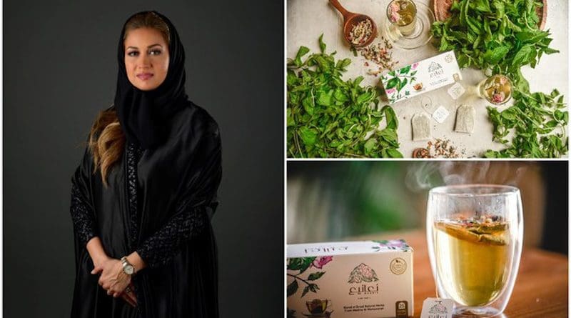 Lamees Madani (L), who created Naanie Tea in Jeddah in 2019, combining a blend of herbs that only grow in Madinah. (Supplied)