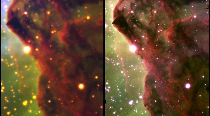 Two near-infrared composite images showing a 33 trillion-mile section of the Western Wall, a cloud of gas and dust in a star-forming region of the Carina Nebula. Each image was taken by Rice University astronomer Patrick Hartigan and colleagues from telescopes at the National Science Foundation's NOIRLab observatory in Chile and shows hydrogen molecules at the cloud's surface (red) and hydrogen atoms evaporating from the surface (green). The left-hand image was taken with the four-meter Blanco telescope's Wide-Field Infrared Imager in 2015. The right-hand image was taken with the 8.1-meter Gemini South telescope's wide-field adaptive optics imager in January 2018 and has about 10 times finer resolution thanks to a mirror that changes shape to correct for atmospheric distortion. CREDIT: Images courtesy of Patrick Hartigan/Rice University