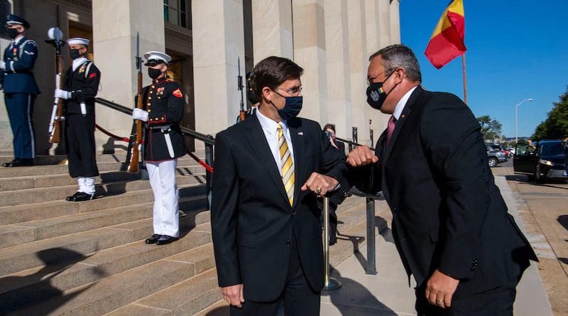 Defense Secretary Dr. Mark T. Esper welcomes Romanian Defense Minister Nicolae Ciuca to the Pentagon with an enhanced honor cordon, Oct. 8, 2020. Photo Credit: Air Force Staff Sgt. Jack Sanders