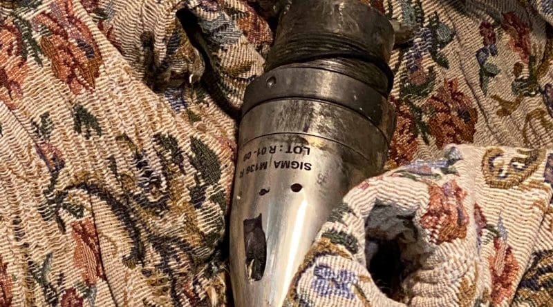 A M136 R fuze associated with the Israeli-made LAR-160 series rocket found in a residential area in the town of Hadrut. Photo Credit: © 2020 Union of Informed Citizens, HRW