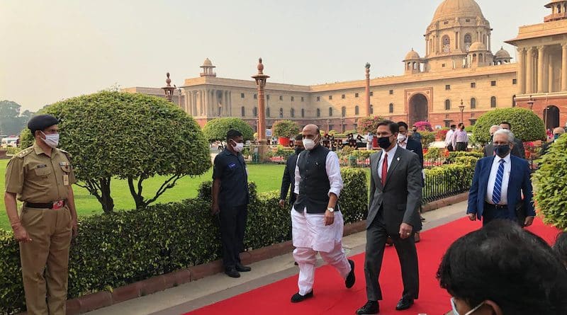 Indian Defense Minister Rajnath Singh escorts Defense Secretary Dr. Mark T. Esper to talks in the Ministry of Defense in New Delhi, Oct. 26. 2020. Photo Credit: Jim Garamone, DOD