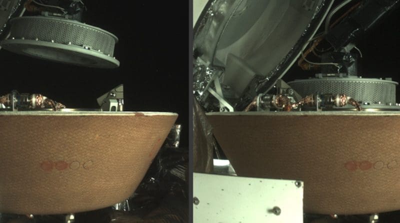 The left image shows the OSIRIS-REx collector head hovering over the Sample Return Capsule (SRC) after the Touch-And-Go Sample Acquisition Mechanism arm moved it into the proper position for capture. The right image shows the collector head secured onto the capture ring in the SRC. Both images were captured by the StowCam camera. Credits: NASA/Goddard/University of Arizona/Lockheed Martin