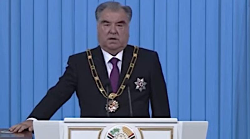Tajikistan's Emomali Rahmon takes the oath of office on October 30. Photo Credit: Screenshot